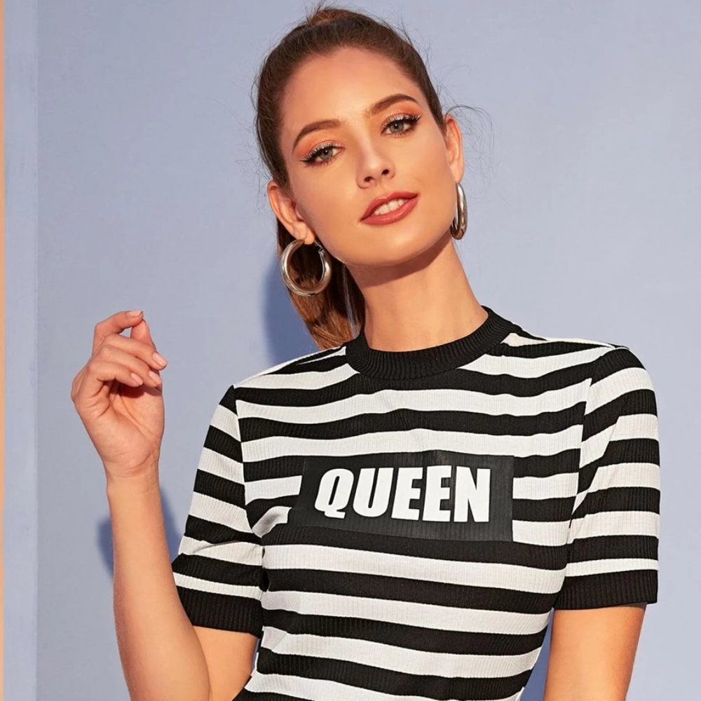 Mock Neck Rib-knit Letter Graphic Striped Tee